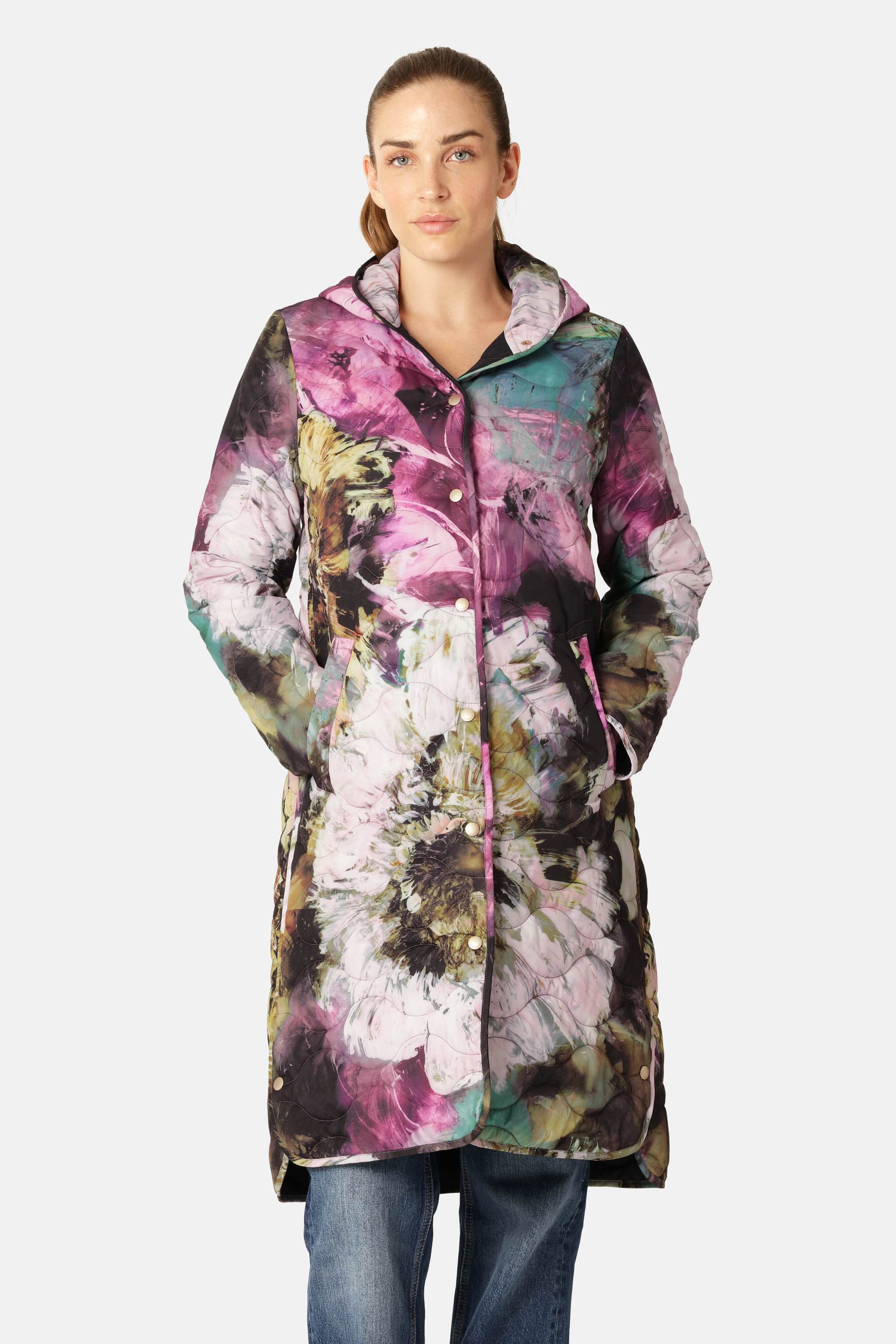 Lang Quiltet Frakke - Artistic Flower Print